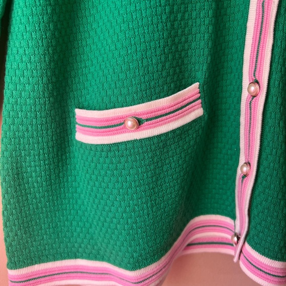 Talbots Kelly Green Sweater Cardigan PinkWhite Trim Pearl Buttons Barbie Core MP - Picture 5 of 14